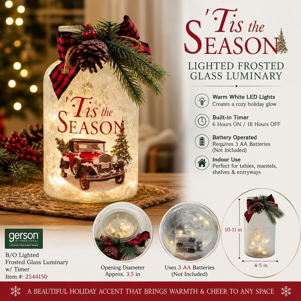 Gerson International Lighted Frosted Glass Christmas Luminary Jar Tis the Season